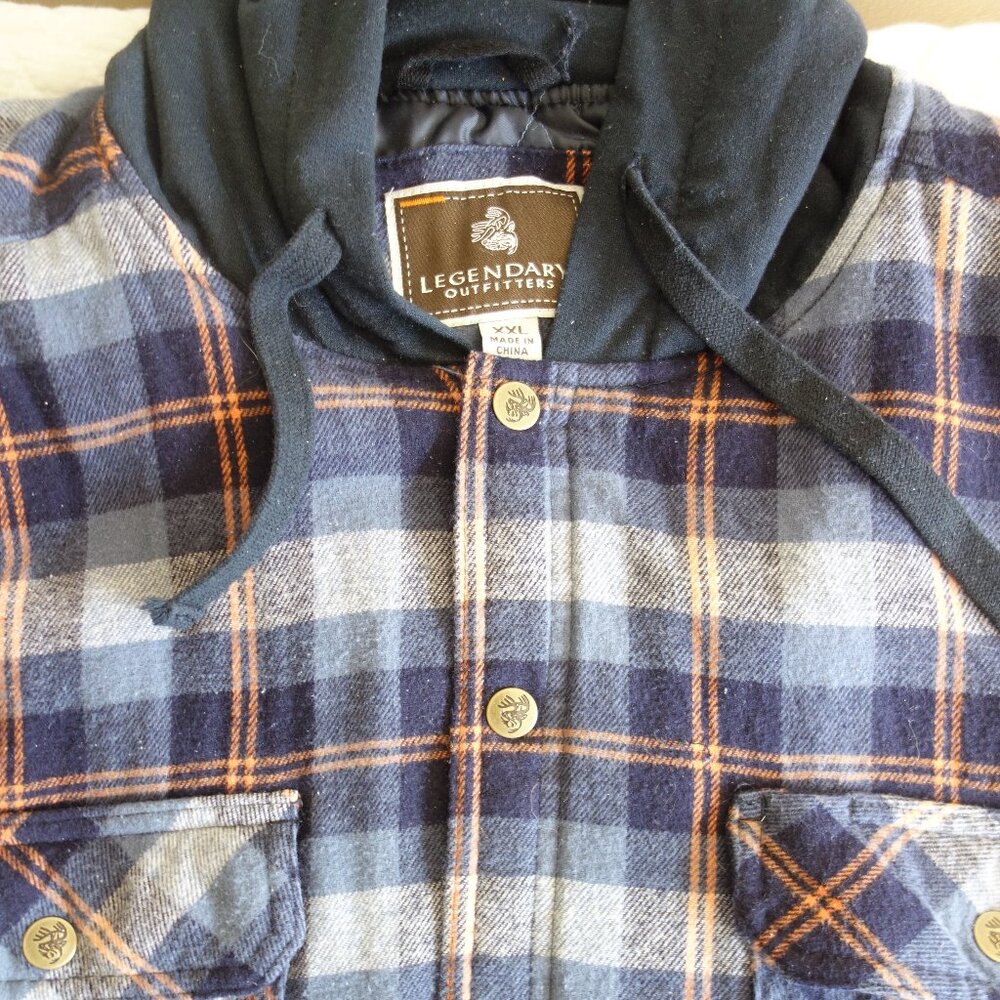 LEGENDARY OUTFITTERS Blue Plaid Flannel Quilted Snap Jacket w/ Hood XXL